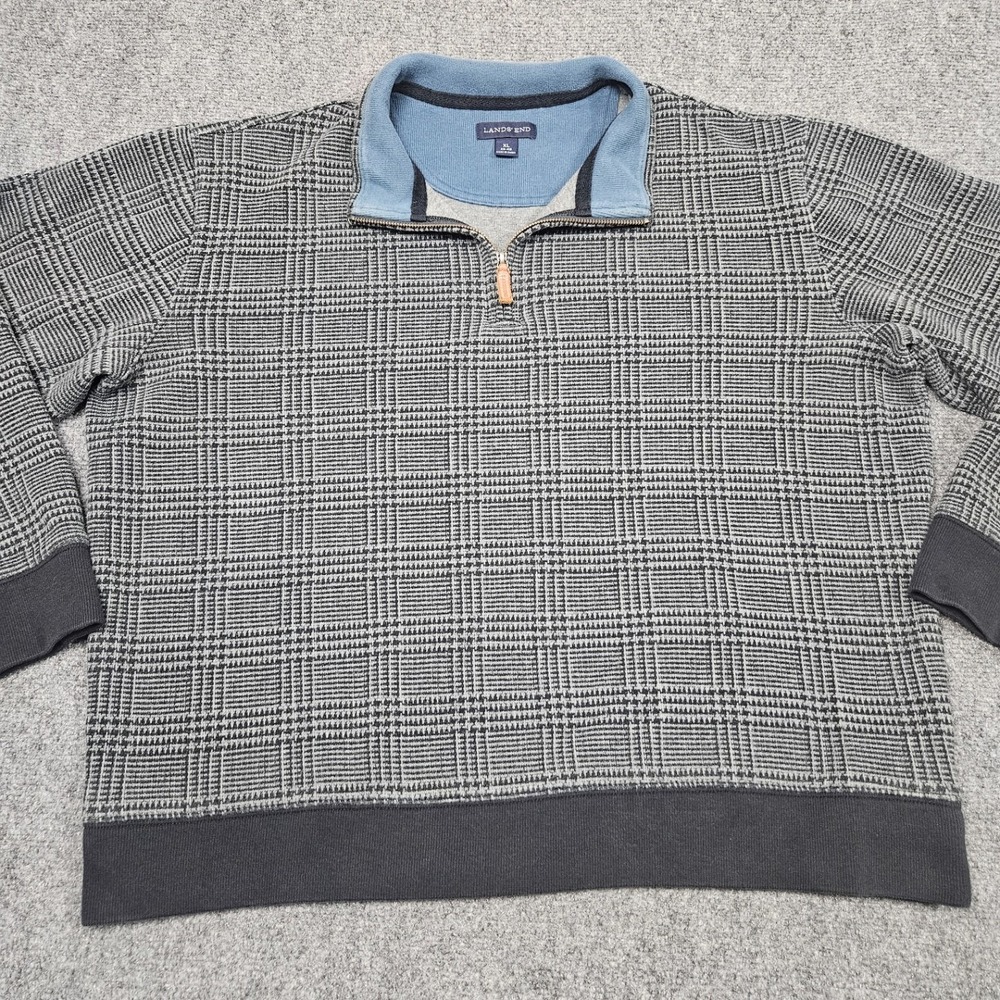 Lands End Quarter Zip Sweater Mens XL Blue Gray Houndstooth Cotton Preppy Casual